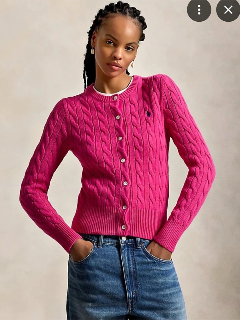 Polo Ralph Lauren Cable-Knit Cotton Crewneck Cardigan Pink Large